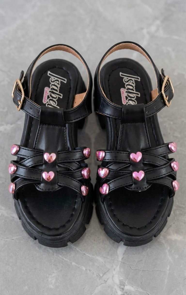Huarache Sandalia Niña Negro Corazones