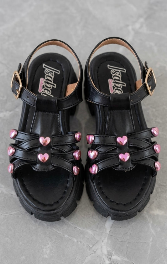 Huarache Sandalia Niña Negro Corazones